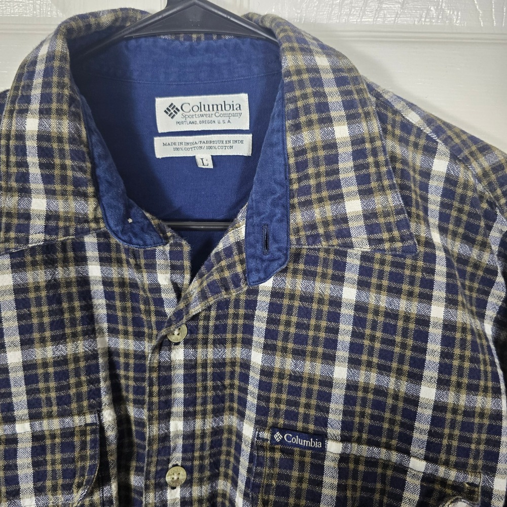 Columbia Sportswear VTG 90s Men's Large Navy Tan Plaid Flannel Button Up RN69724
